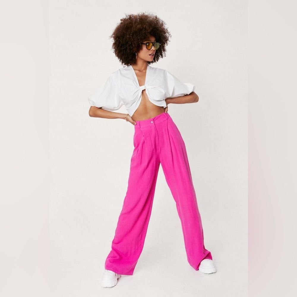 Nasty Gal Pleated Linen High Waisted Wide Leg Hot Pink Pants Size 4